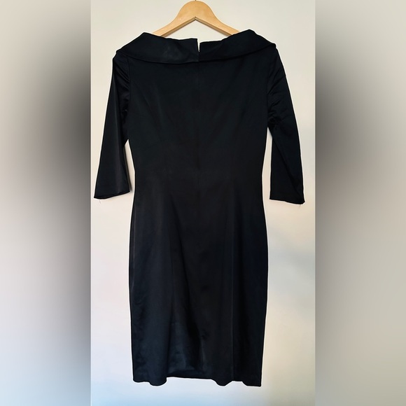Kay Unger Portrait Black Satin V-Neck Shawl Collared Sheath Evening Dress Size 8 - Picture 3 of 10